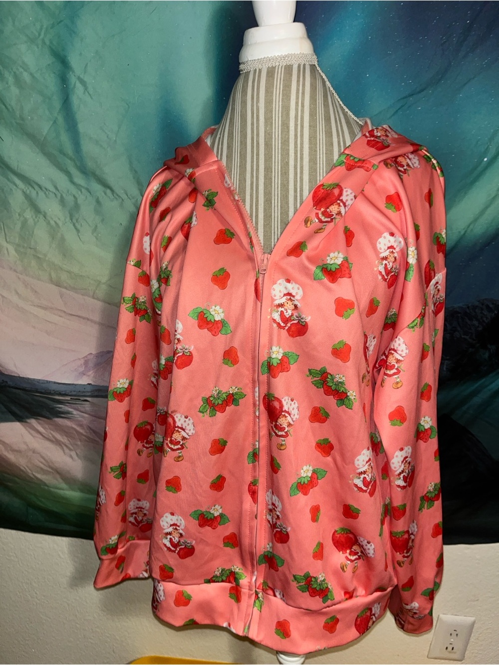 Pink Strawberry Print Zip Hoodie